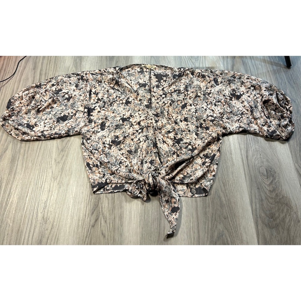 Lovestitch Floral Print Tie Front Blouse Womens Size S Puff Sleeve romantic soft